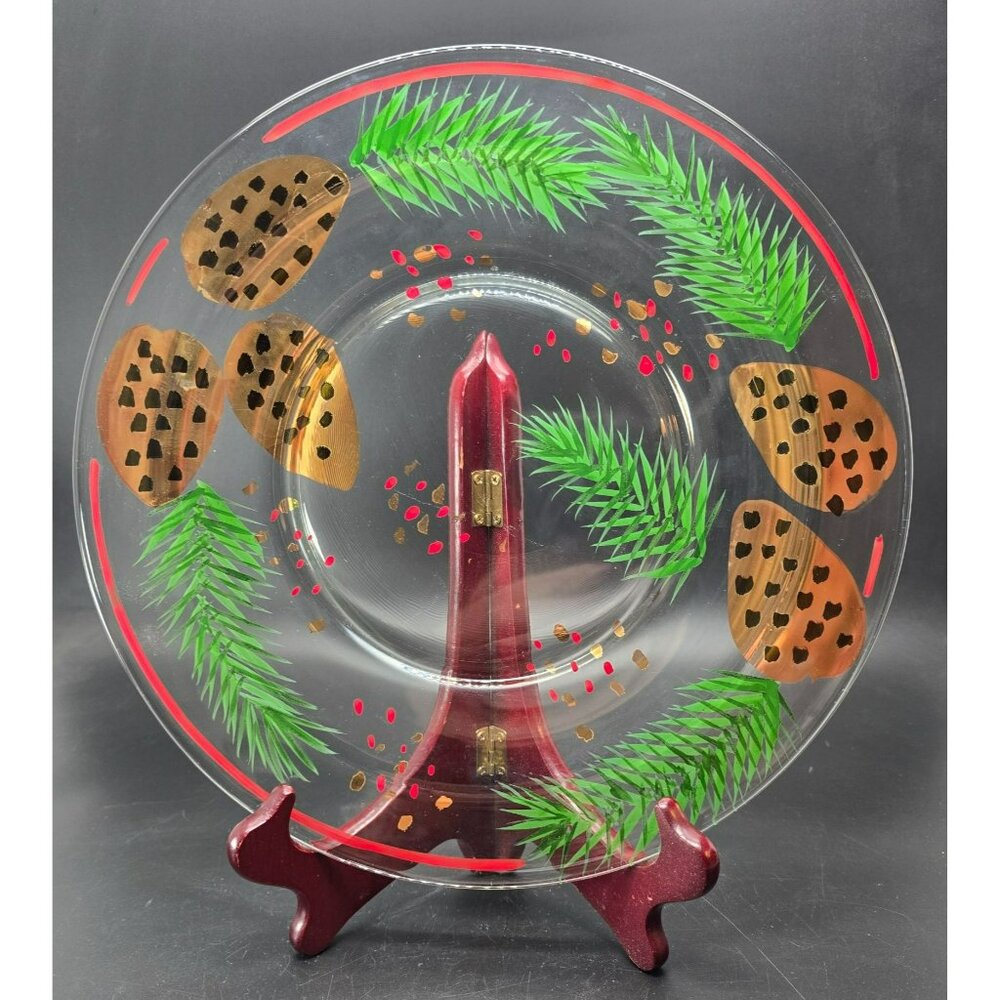 Holiday Hand-Painted Glass Serving Plate With Pinecone & Evergreen Design CM2202